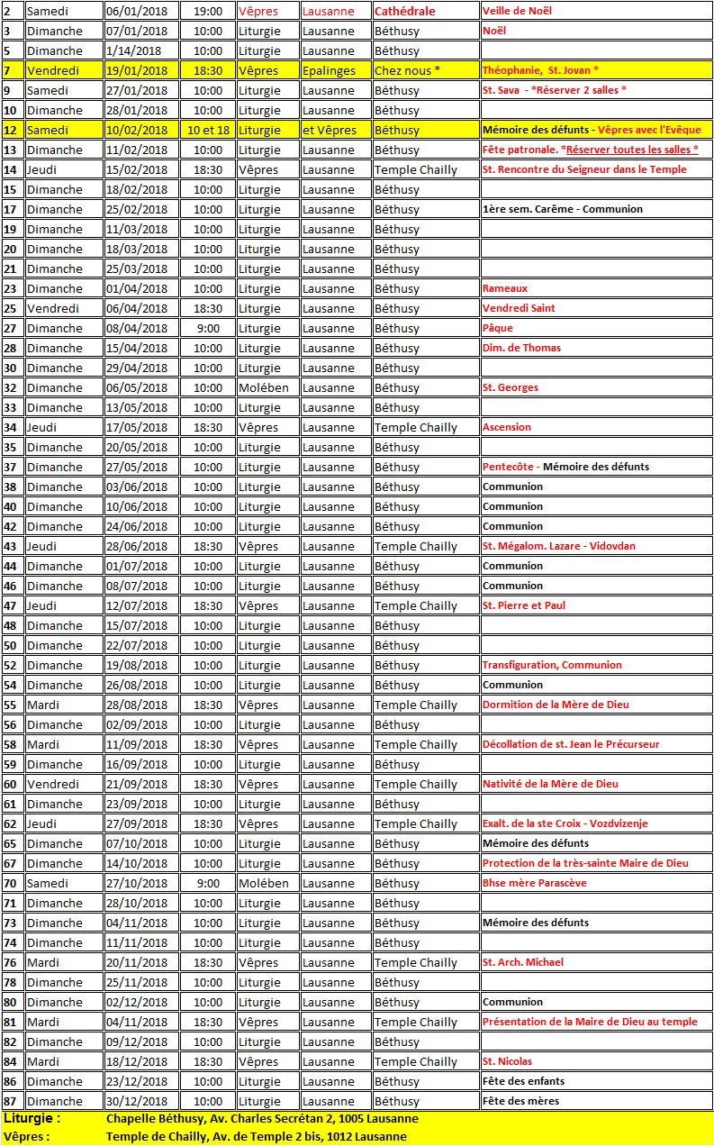 Horaires des cultes à Lausanne et Veyras, pour 2023 et 2024